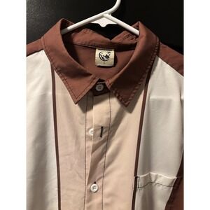 HARDY BOYS Bowling Shirt Mens SZ L Brown White Tan Stripe Short Sleeve Button Up